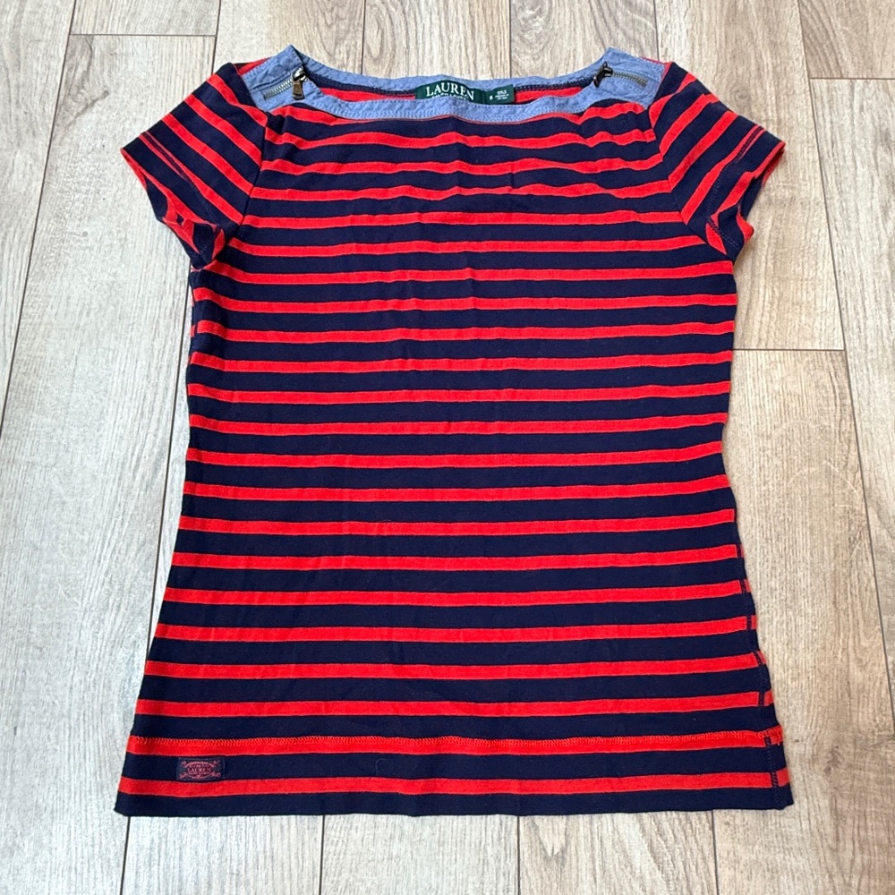 Ralph Lauren tee shirt red and blue stripes with zipper shoulders size S